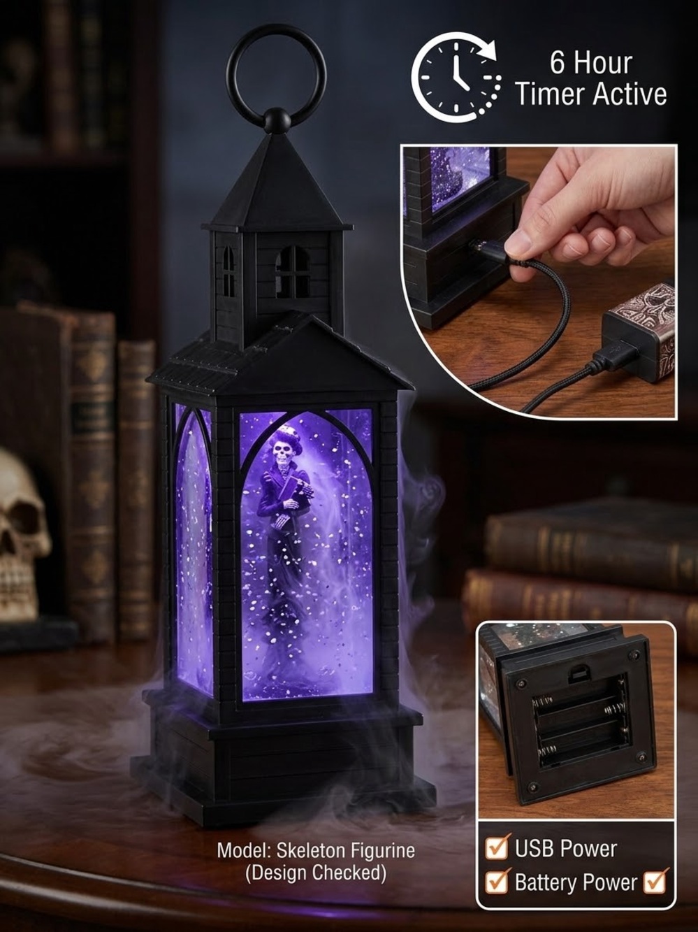 NEW Spooky Skeleton LED Water Globe Lantern with Purple Glow - Halloween Decor